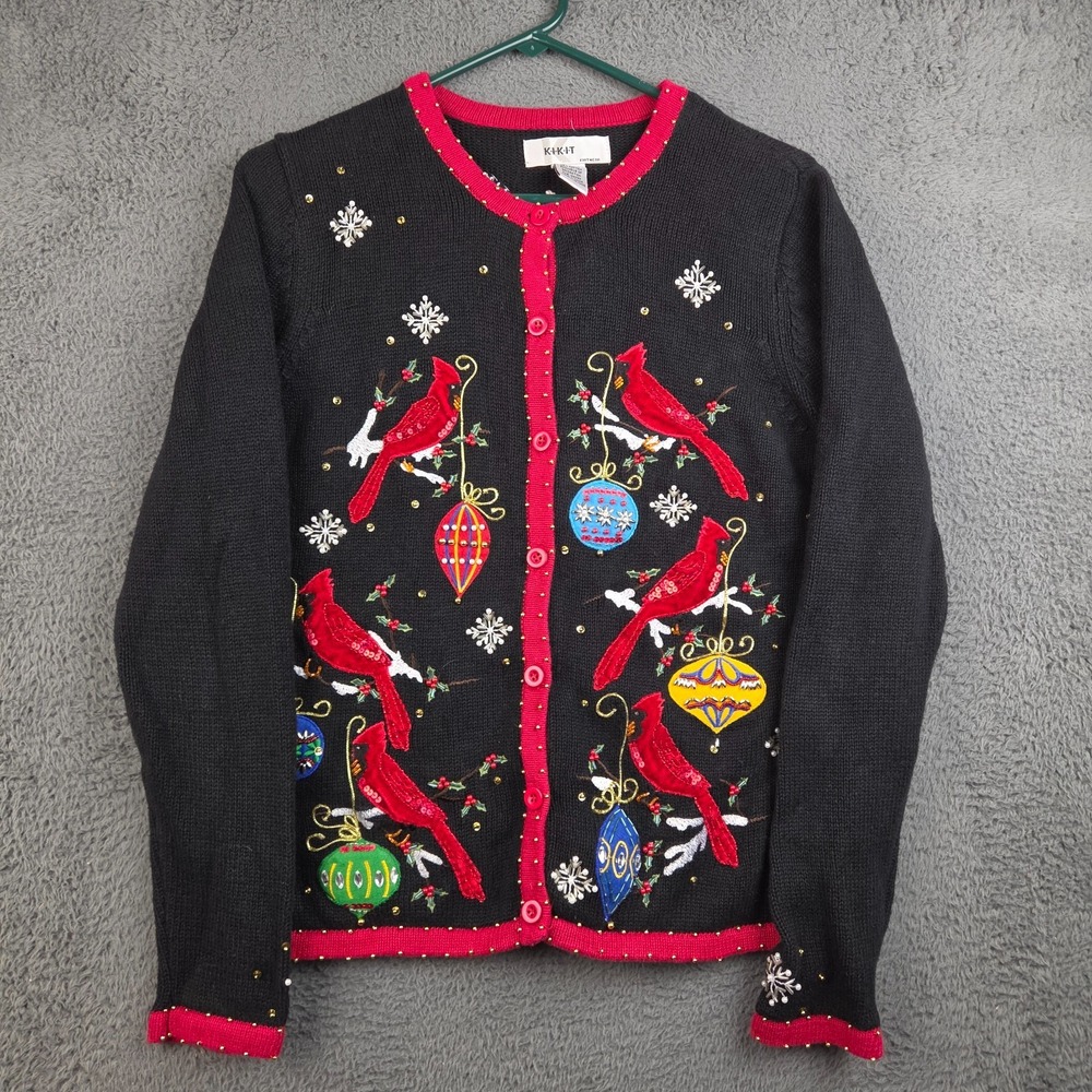 Christmas Sweater Women's Medium Cardinals Black Red Embroidered Winter Holiday